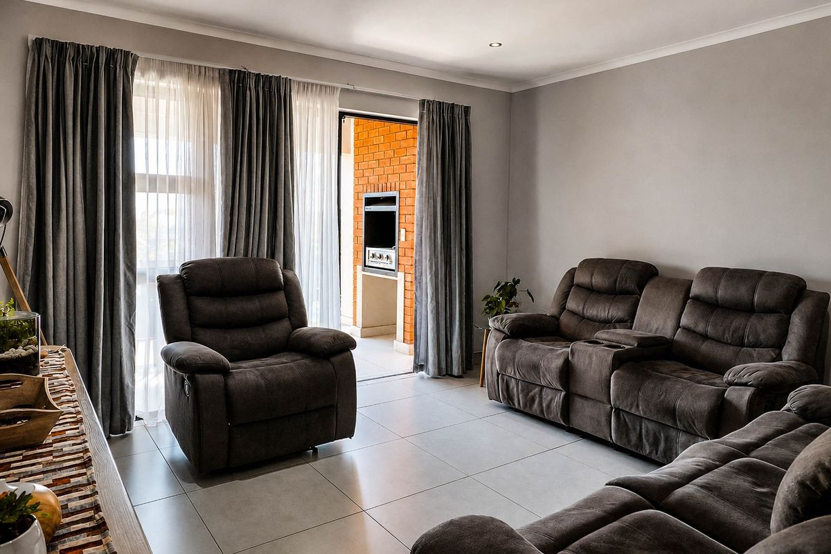 A well-maintained living room featuring neutral tiled flooring, recessed lighting, and direct access to an outdoor patio area with a built-in braai.