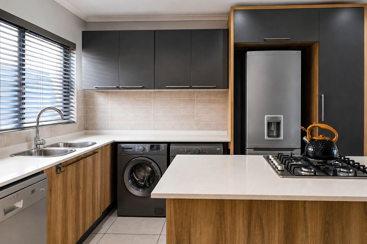 Modern kitchen featuring wood-grain and charcoal cabinetry, quartz countertops, a gas hob, and integrated appliance housing with a clean, contemporary finish.