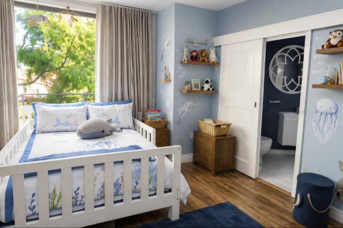 A well-maintained bedroom featuring laminate flooring, a large window with curtains, and direct access to an en-suite bathroom via a sliding door.