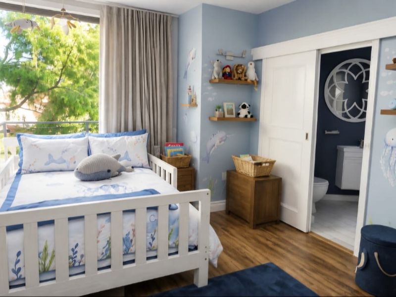 A well-maintained bedroom featuring laminate flooring, a large window with curtains, and direct access to an en-suite bathroom via a sliding door.