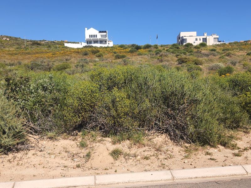 A view of a vacant residential plot featuring natural coastal vegetation and a paved kerb, with established homes visible on the hillside above.