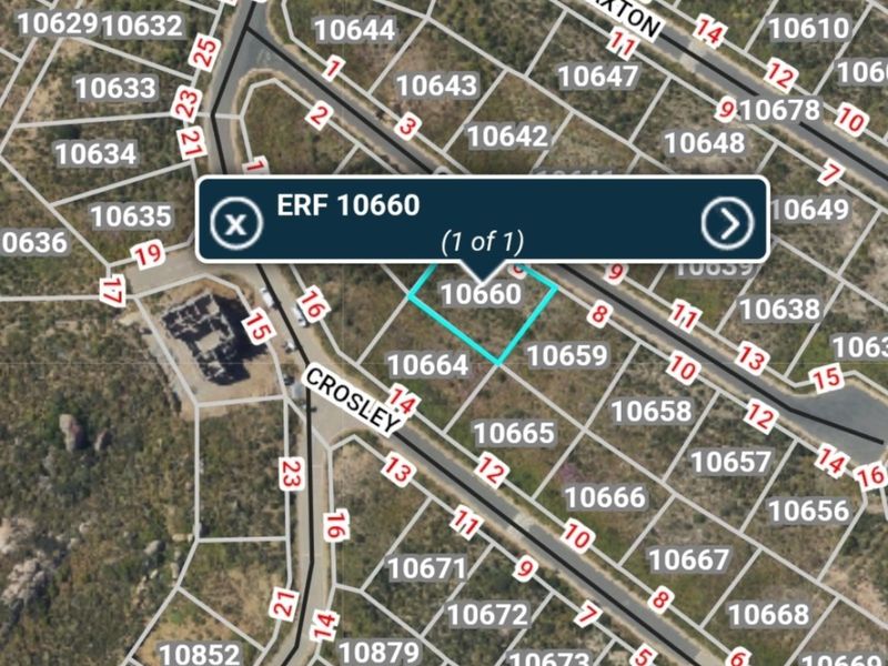 An aerial map view highlighting the boundaries of Erf 10660 within a residential estate development.