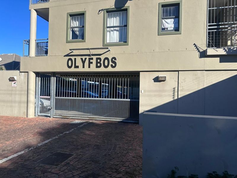 Front facade of the Olyfbos building featuring a secure automated gate, paved driveway, and exterior security lighting.