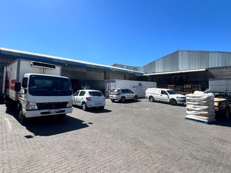 Industrial yard area featuring paved surfacing, multiple roller shutter doors, and functional loading access for commercial vehicles.