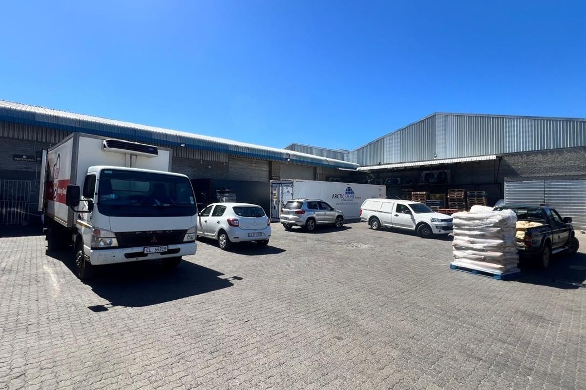 Industrial yard area featuring paved surfacing, multiple roller shutter doors, and functional loading access for commercial vehicles.