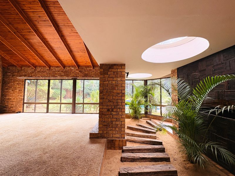 Spacious living area featuring exposed timber ceilings, face brick walls, unique skylights, and a sunken floor section with an integrated indoor garden feature.