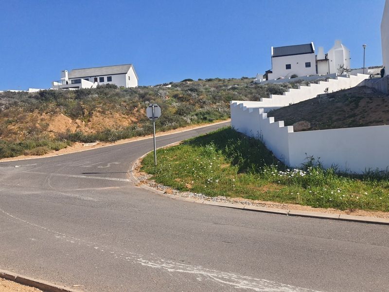 A view of the paved street and surrounding residential landscape within the estate, featuring a white stepped retaining wall.