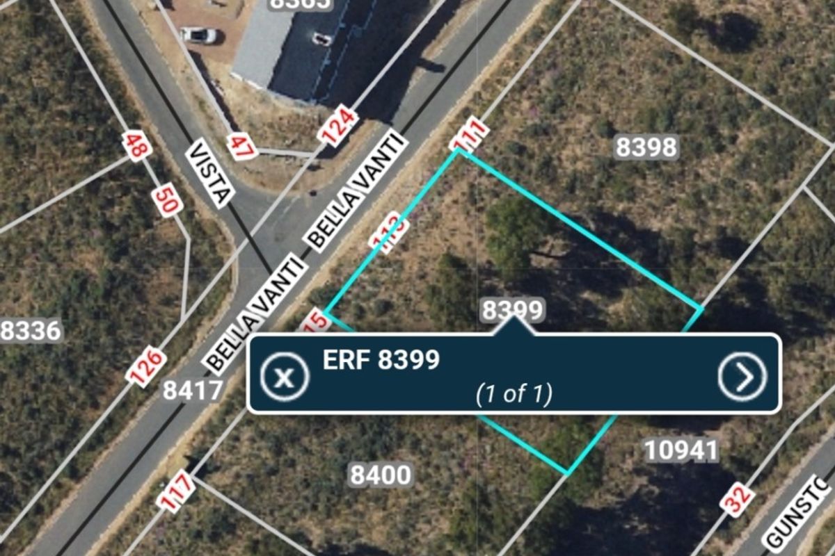Aerial view showing the cadastral boundaries and location of Erf 8399 within the residential estate.