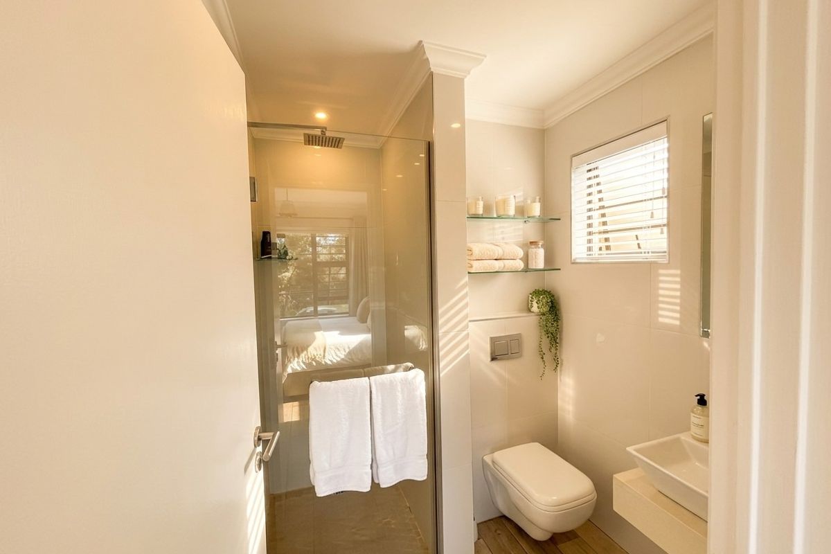 Modern bathroom featuring a glass-enclosed rain shower, wall-mounted toilet, vessel sink on a floating vanity, and neutral tiled finishes.