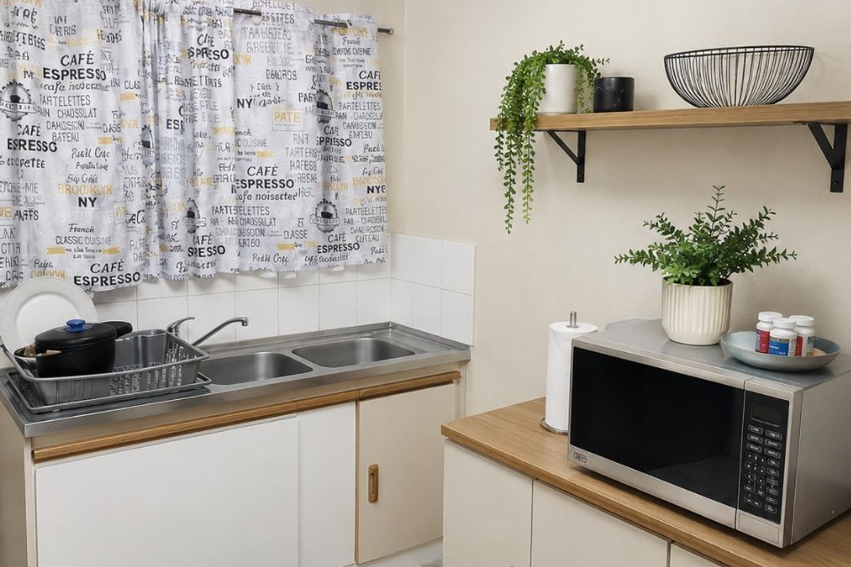 A functional kitchen area featuring double stainless steel sinks, laminate countertops, built-in cabinetry, and tiled flooring with a neutral wall finish.