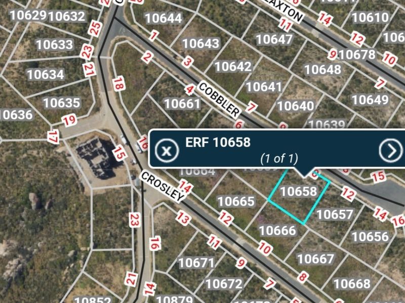 An aerial cadastral map view highlighting the boundaries and location of Erf 10658 within the residential estate.