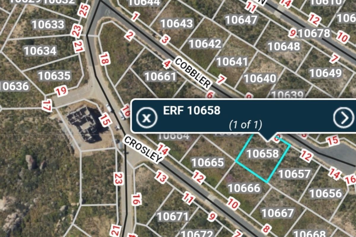 An aerial cadastral map view highlighting the boundaries and location of Erf 10658 within the residential estate.