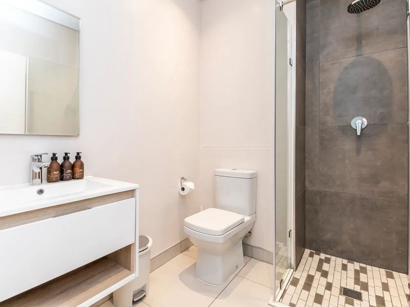 Modern bathroom featuring a sleek vanity, wall-mounted mirror, white toilet, and a spacious walk-in shower with contemporary dark tiling and a rain shower head.
