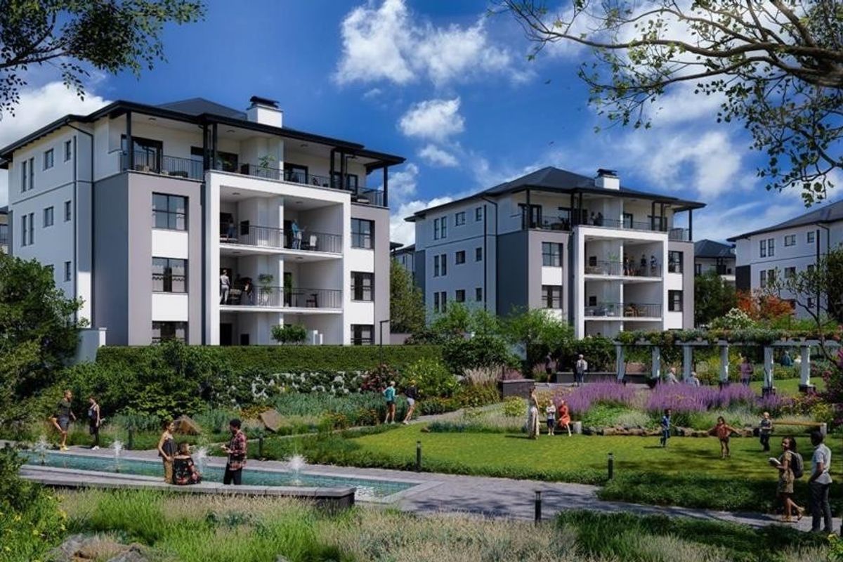 A high-quality architectural rendering of a modern apartment complex featuring landscaped gardens, water features, and private balconies.