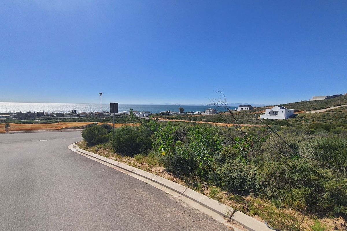 A scenic view of the coastline and surrounding residential landscape from a paved street level.