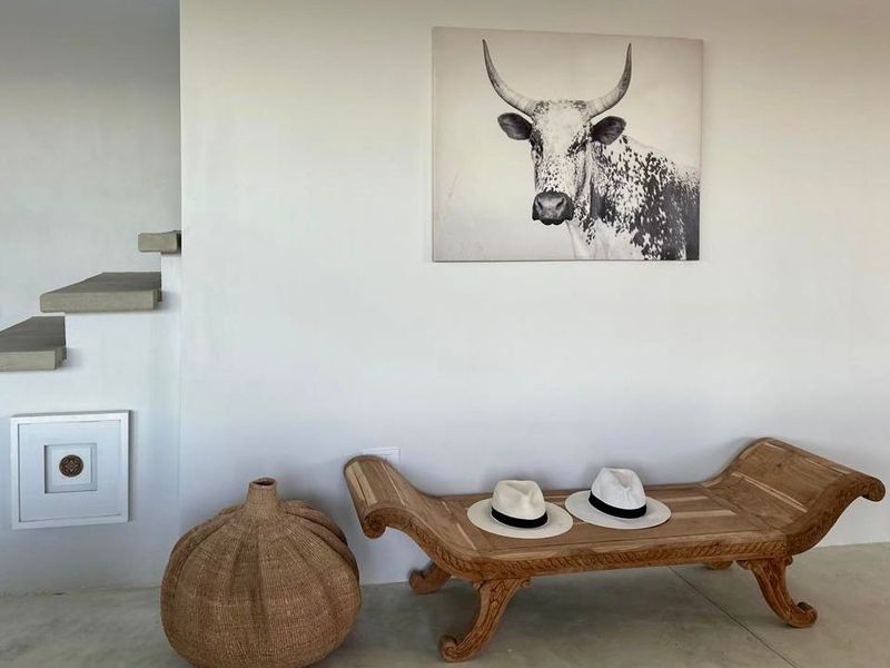 A minimalist entry area featuring polished concrete flooring and a striking floating concrete staircase, showcasing a clean and modern architectural aesthetic.