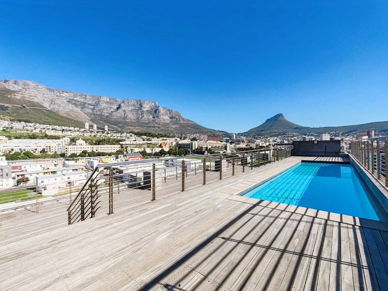 Rooftop swimming pool area featuring timber decking, stainless steel balustrades, and panoramic mountain and city views.