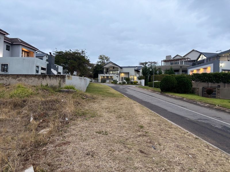 A street-level view of a residential neighborhood featuring an asphalt road, paved driveway, and surrounding established homes with boundary walls.