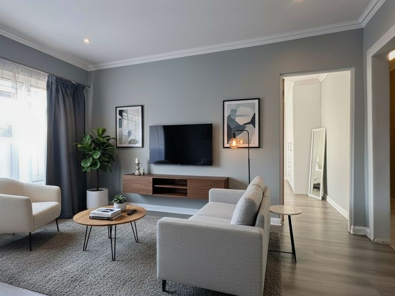 A well-maintained living room featuring modern laminate flooring, neutral grey walls, a floating media console, and elegant cove cornice detailing.