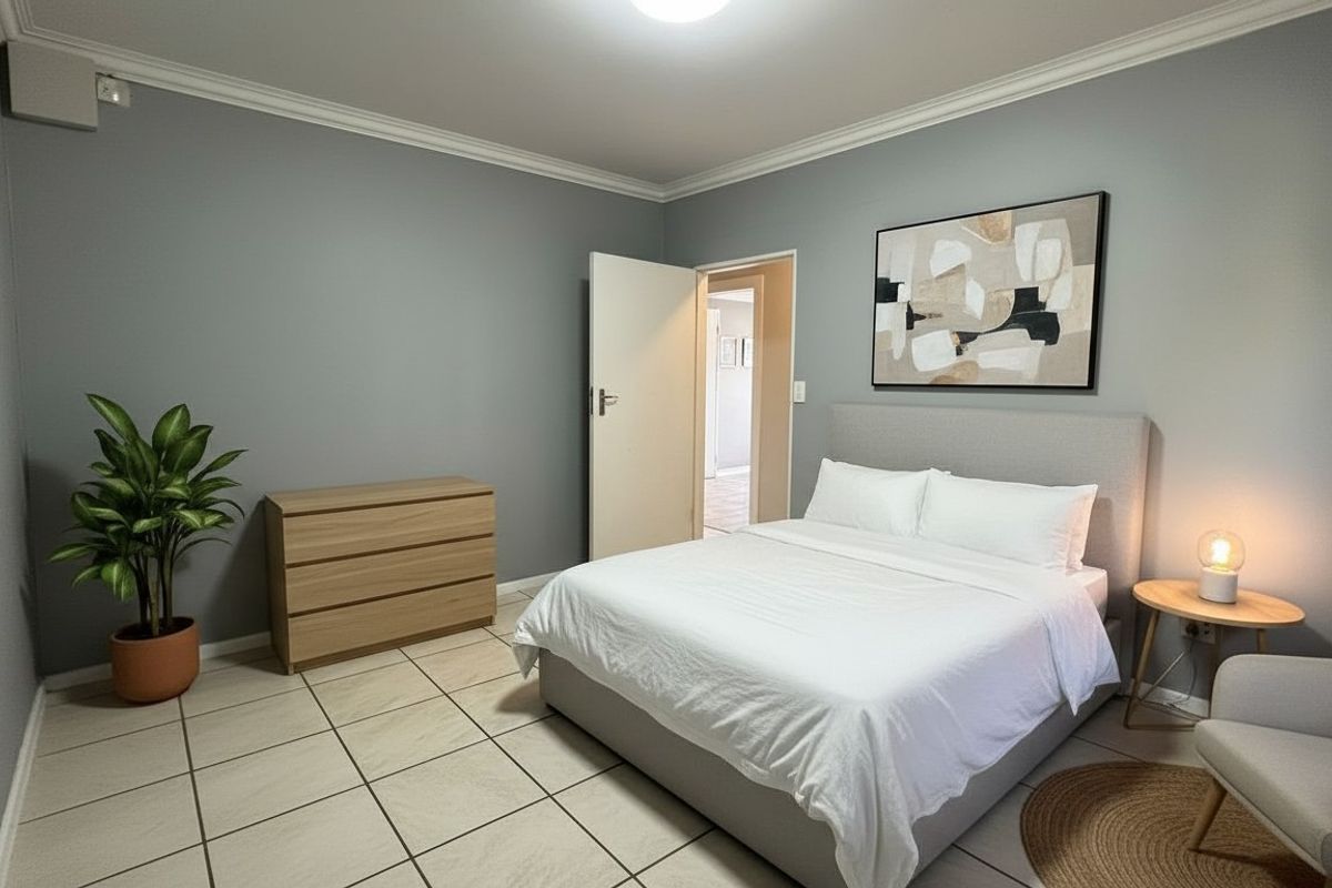 A well-maintained bedroom featuring neutral grey walls, crown molding, and light-colored floor tiles, offering a clean and comfortable living space.