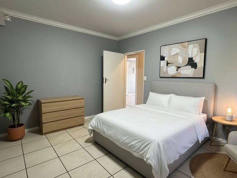 A well-maintained bedroom featuring neutral grey walls, crown molding, and light-colored floor tiles, offering a clean and comfortable living space.