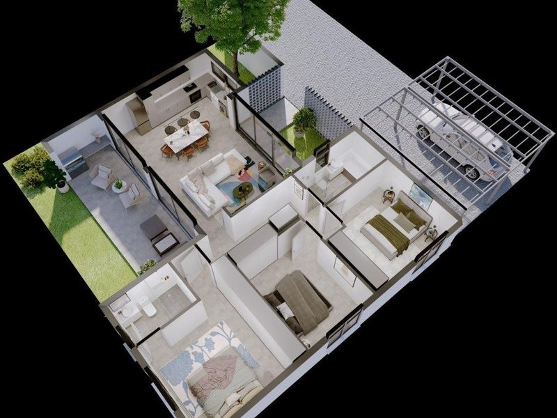 A 3D rendered floor plan showing a modern layout with an open-plan living area, three bedrooms, two bathrooms, a patio, and a covered carport.