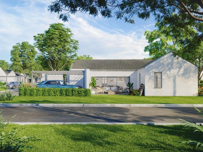 A modern single-story residential house featuring a tiled roof, a pergola-covered parking area, and a well-maintained front garden with paved access.