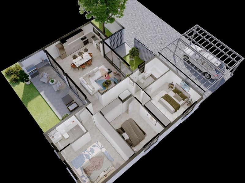 A detailed 3D floor plan showing an open-plan living and kitchen area, three bedrooms, two bathrooms, a covered patio, and a carport.