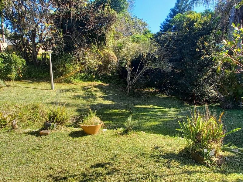 A spacious, established garden area featuring a lush lawn, mature trees, and existing garden lighting.
