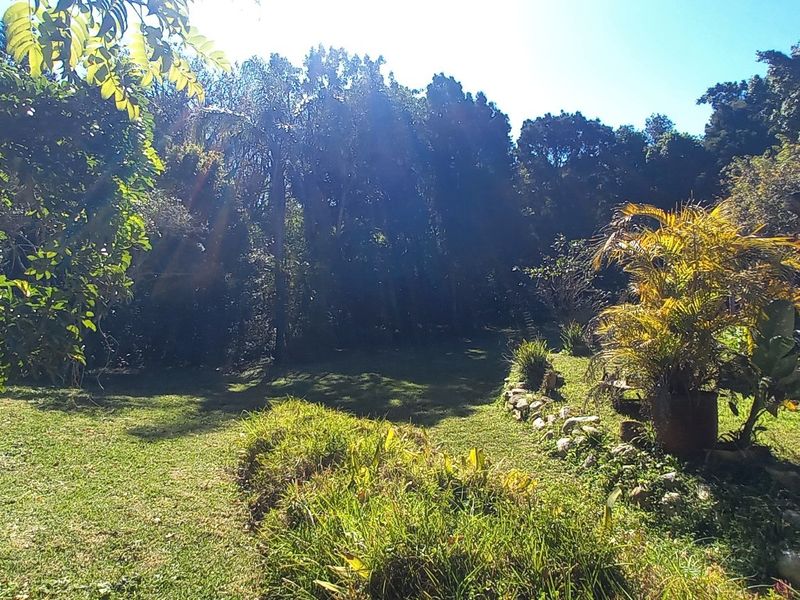 A lush, private garden area featuring established trees, lawn, and stone landscaping elements, offering a tranquil outdoor space.