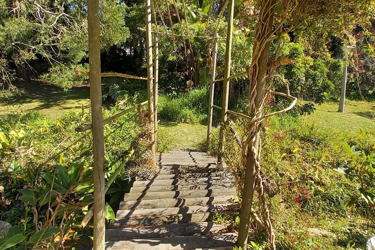 A garden pathway featuring a wooden staircase and timber pergola structure set within a lush, established outdoor area.