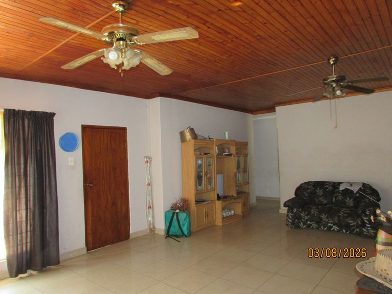 Spacious living area featuring a timber tongue and groove ceiling, dual ceiling fans, and neutral tiled flooring throughout.