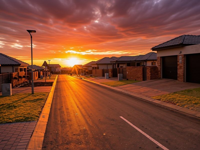 A scenic street view of a modern residential neighborhood at sunset, featuring paved roads, neat driveways, and contemporary housing architecture.