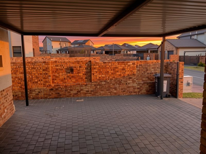 A covered outdoor parking area or carport featuring paved flooring and a brick boundary wall, set against a sunset backdrop.