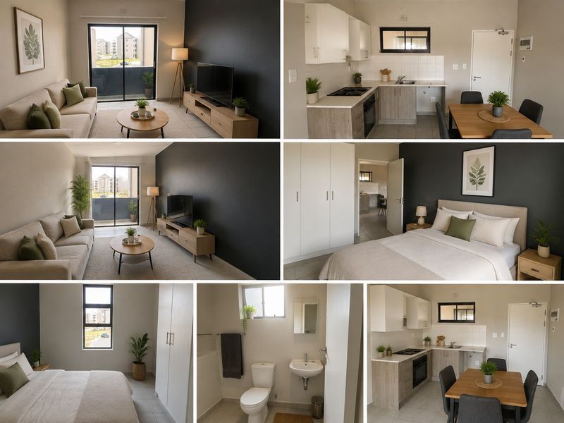 A collage showing a modern apartment interior featuring an open-plan living area, kitchen with built-in appliances, bedroom with built-in cupboards, and a bathroom.
