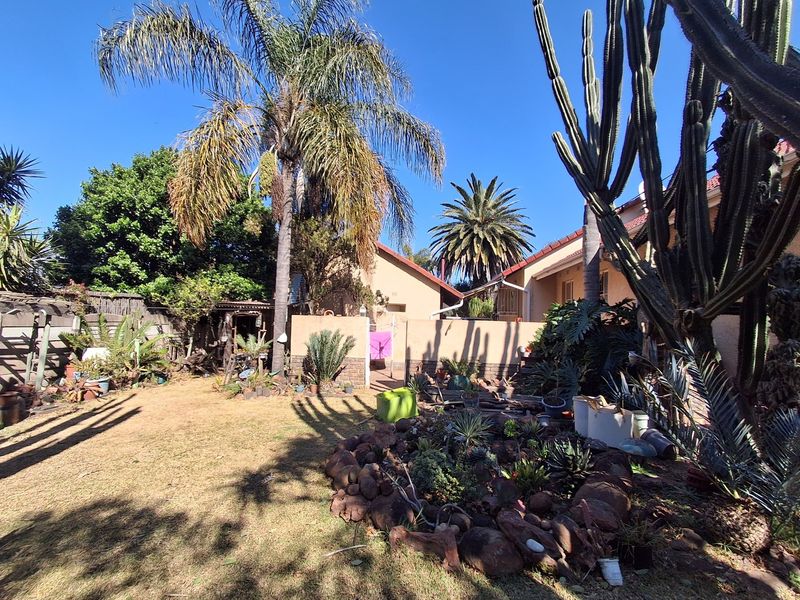 A spacious rear garden featuring mature palm trees, a landscaped rockery, and established boundary walls, offering a private outdoor space.