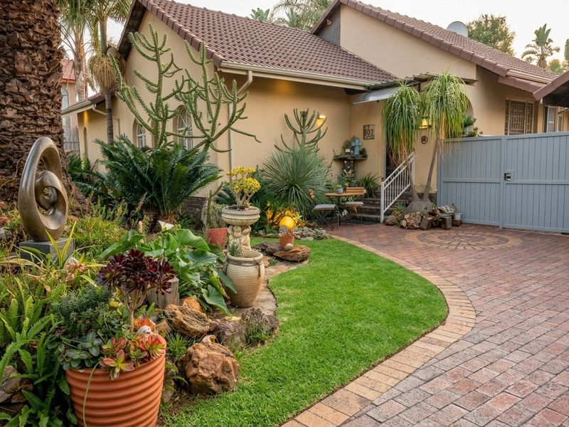 A well-maintained front exterior featuring a paved driveway, landscaped garden, and a tiled roof entrance with security gate.