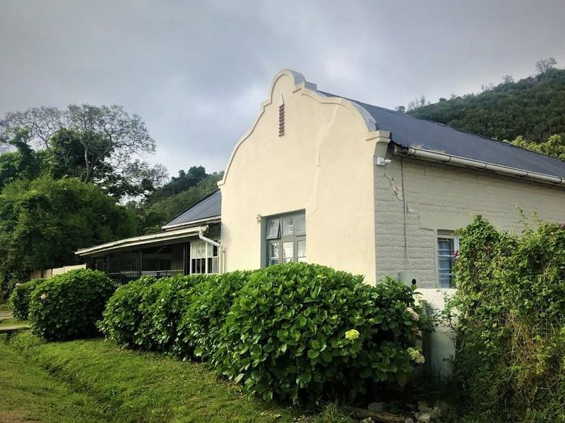 Rear view of a house featuring a traditional gabled roof, casement windows, and a covered patio area set against a hillside.