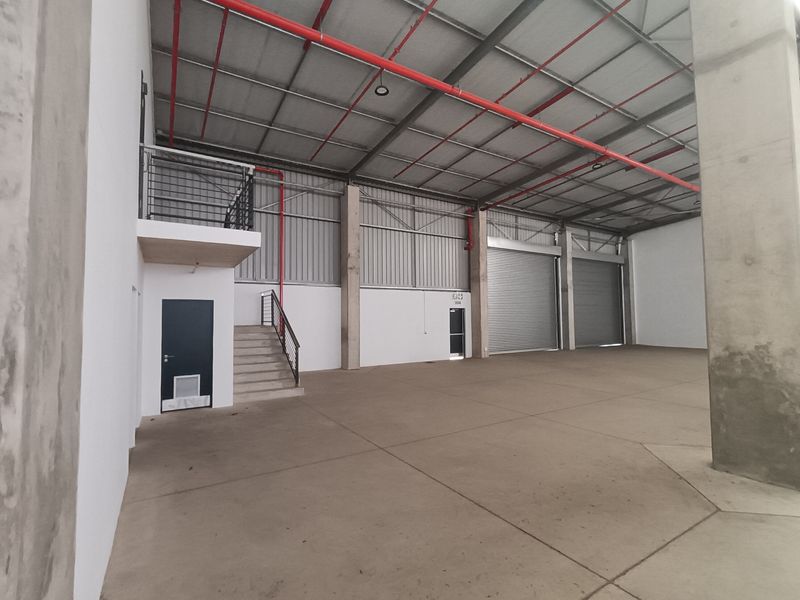 Spacious industrial warehouse featuring high ceilings, exposed fire sprinkler system, concrete flooring, and multiple roller shutter doors for efficient access.