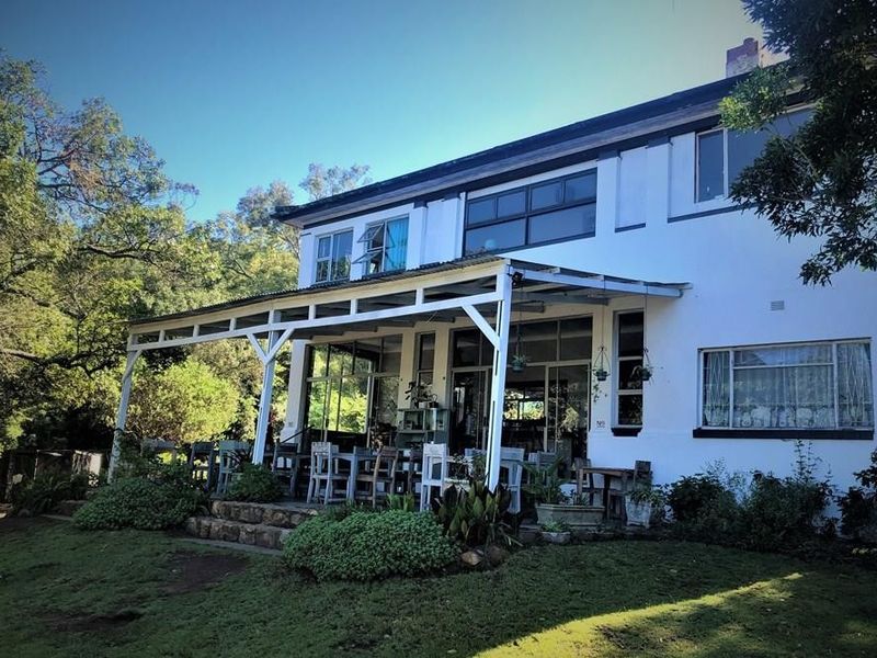 Rear view of the commercial property featuring a covered patio area with timber supports, sliding glass doors, and established garden surroundings.