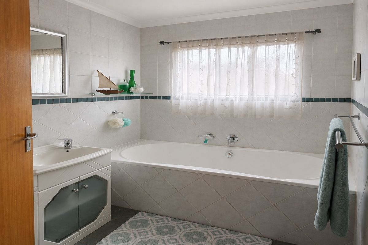 A functional bathroom featuring a built-in vanity with integrated sink, a tiled bathtub surround, and neutral wall tiling throughout.