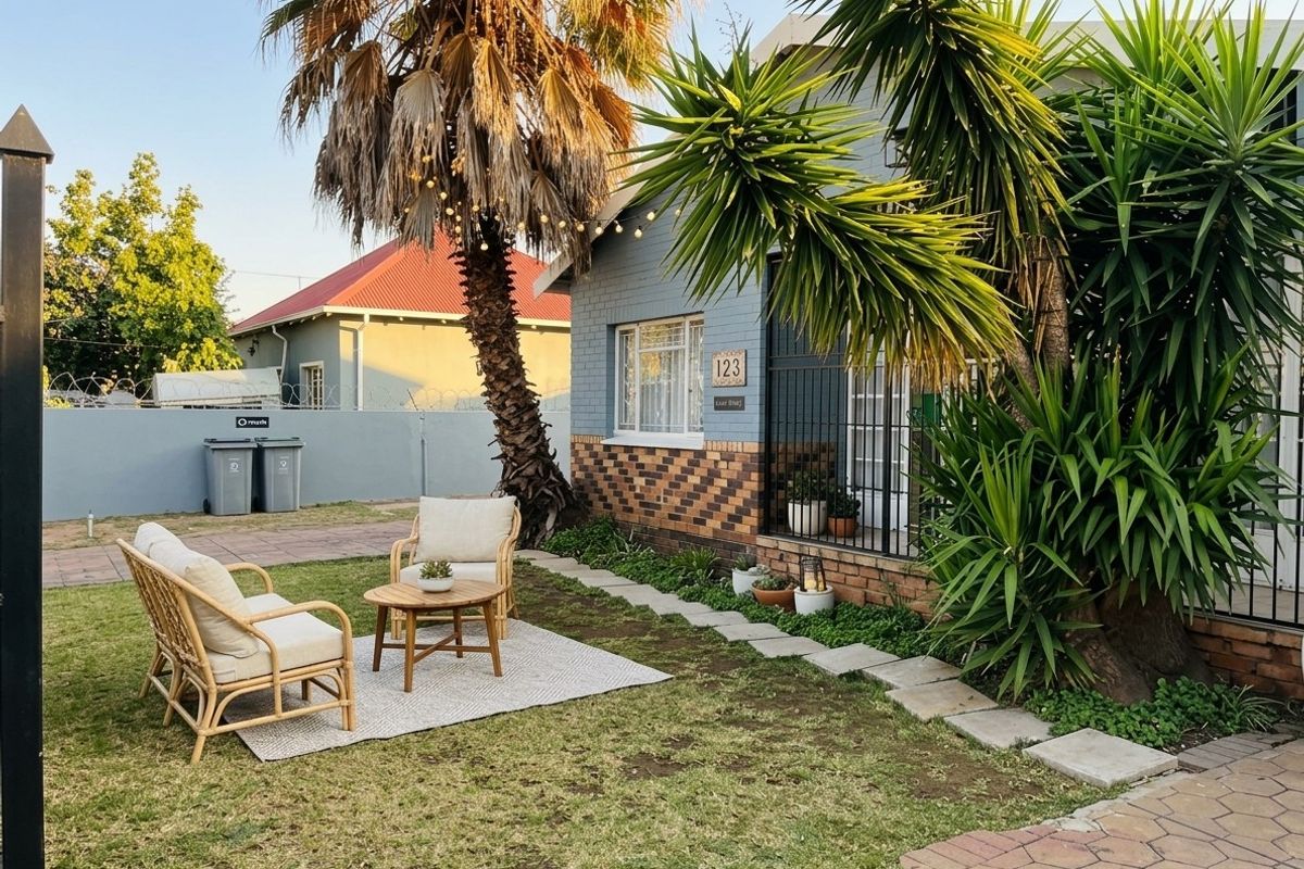 Front garden area featuring a brick facade, security gate, and paved walkway, with established palm trees and perimeter walling.