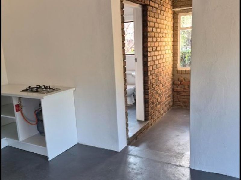 Open plan area featuring exposed brickwork, painted concrete floors, and a basic kitchenette with a gas hob, leading to an adjacent bathroom.