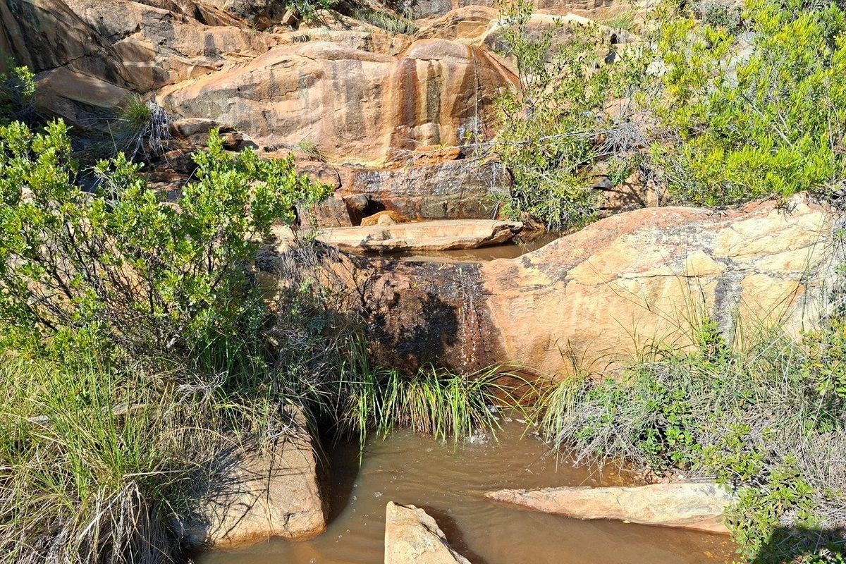 A natural rock formation featuring a small stream and water feature, showcasing the scenic landscape of the farm property.