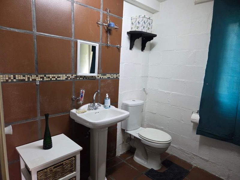A functional bathroom featuring a pedestal sink, toilet, and a combination of brown tiled and painted block walls.
