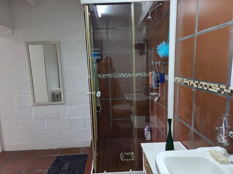 A functional bathroom featuring a shower enclosure with brown tiling, a vanity basin, and a wall-mounted mirror.