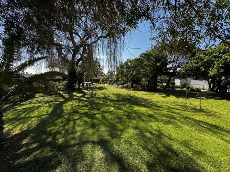 A spacious, well-maintained garden featuring established mature trees and a large, open lawn area.