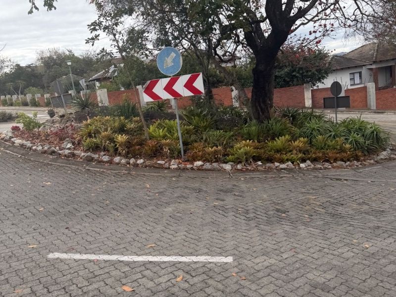A view of a paved roundabout featuring a landscaped traffic island with a mature tree and brick boundary wall in the background.