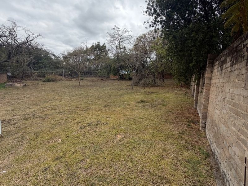 A spacious residential plot featuring a grass lawn, mature trees, and a brick boundary wall.
