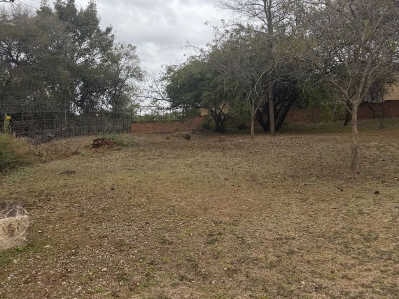 A vacant residential plot featuring established trees, perimeter fencing, and a brick boundary wall, offering a blank canvas for development.